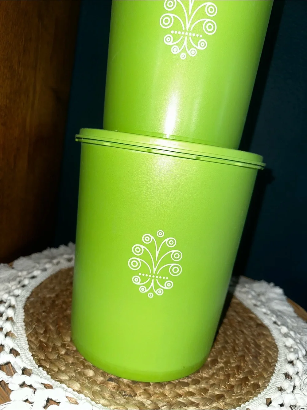 VTG-Tupperware Bright Lime Green Stackable Canisters with Decorative White Motif